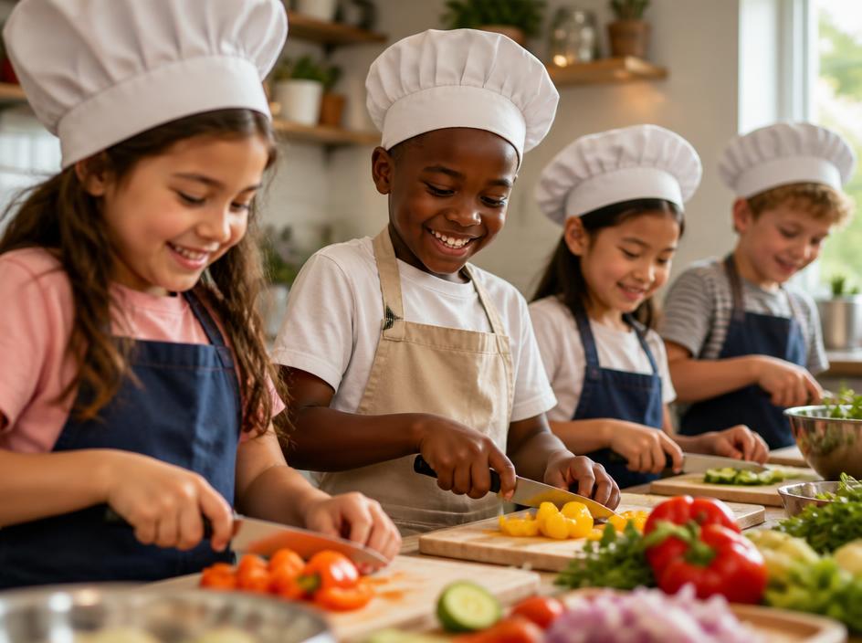 A child measuring ingredients during an after-school cooking studio